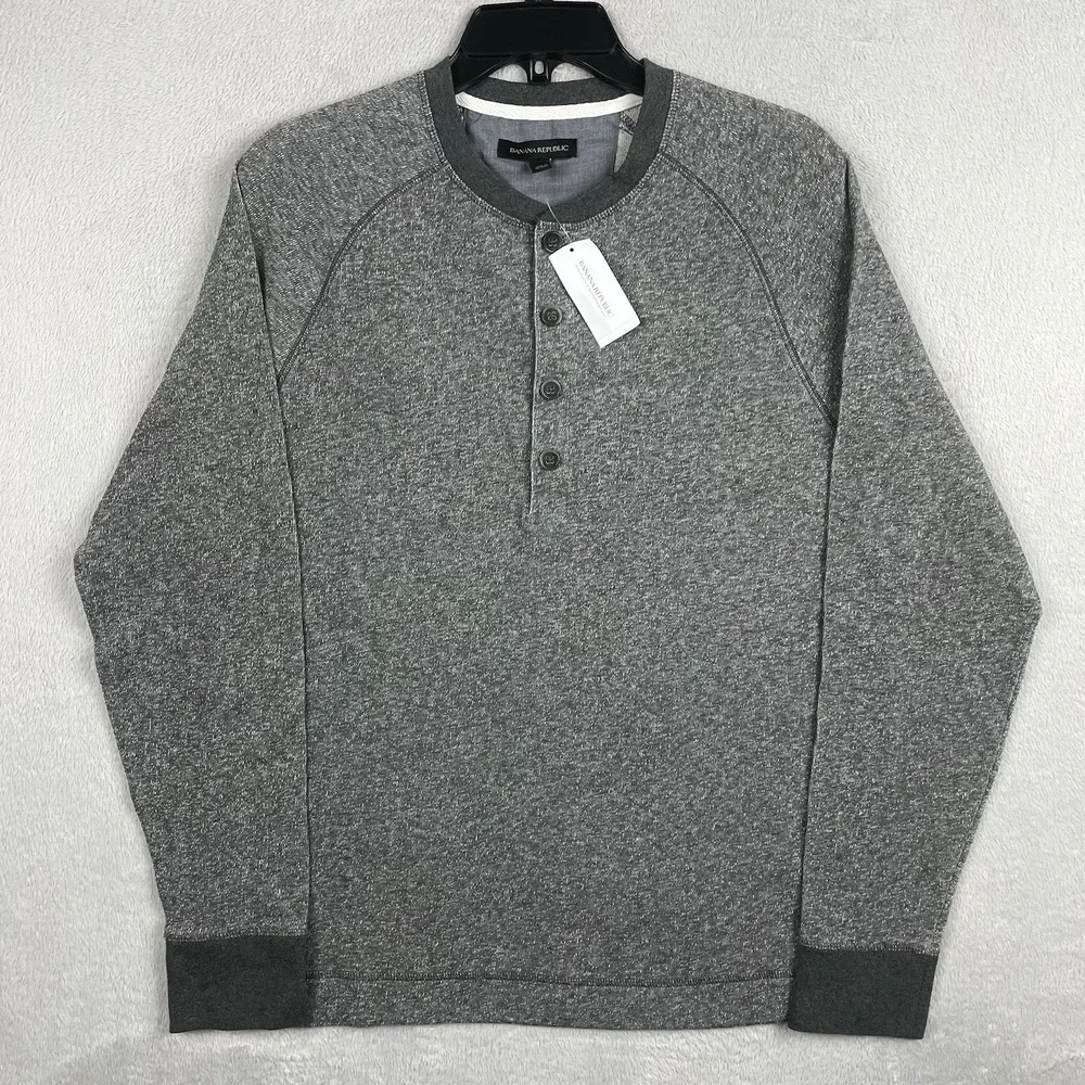 New Banana Republic Henley Shirt Mens Large Heather Gray Long Sleeve Preppy NWT - Picture 2 of 8